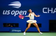 Emma Navarro in her white and green Fila ensemble at the 2024 US Open.